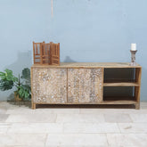 Indian Hand Carved Solid Wood Tv Unit 175x45x70 Cm Natural